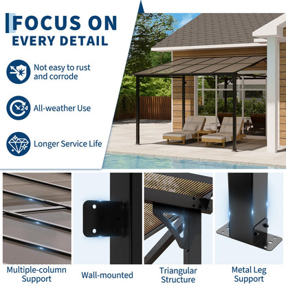 10 x 10 ft Sloped Patio Awning Gazebo, 4-Post Hardtop Pavilion with PC Polycarbonate Roof, Waterproof UV Resistant Outdoor Shade Shelter for Patio, Backyard, Garden and Lawn Activities