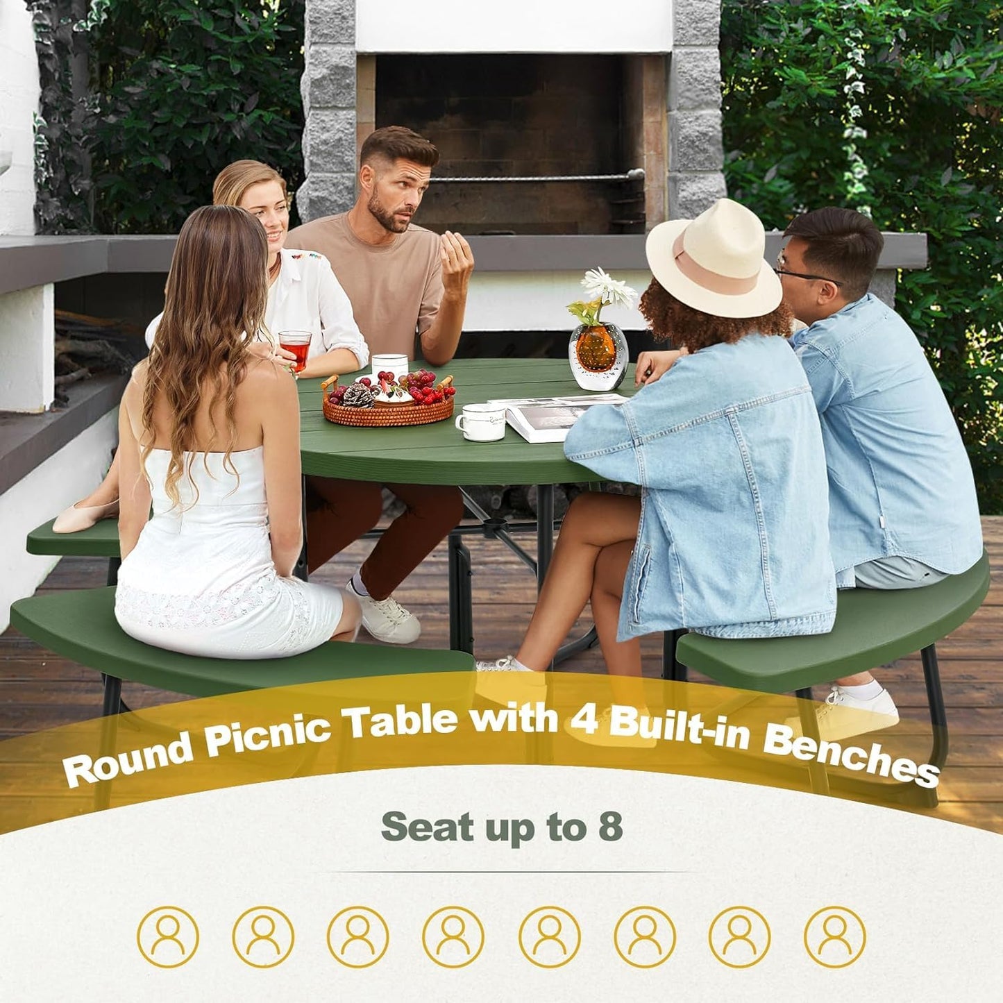 Julimoon Round Picnic Table for Outdoors, 8 Person Outdoor Picnic Tables & Benches Set with Umbrella Hole, HDPE Tabletop & Metal Frame, 2000 LBS Capacity Table Bench Set for BBQ, Garden, Lawn, Patio