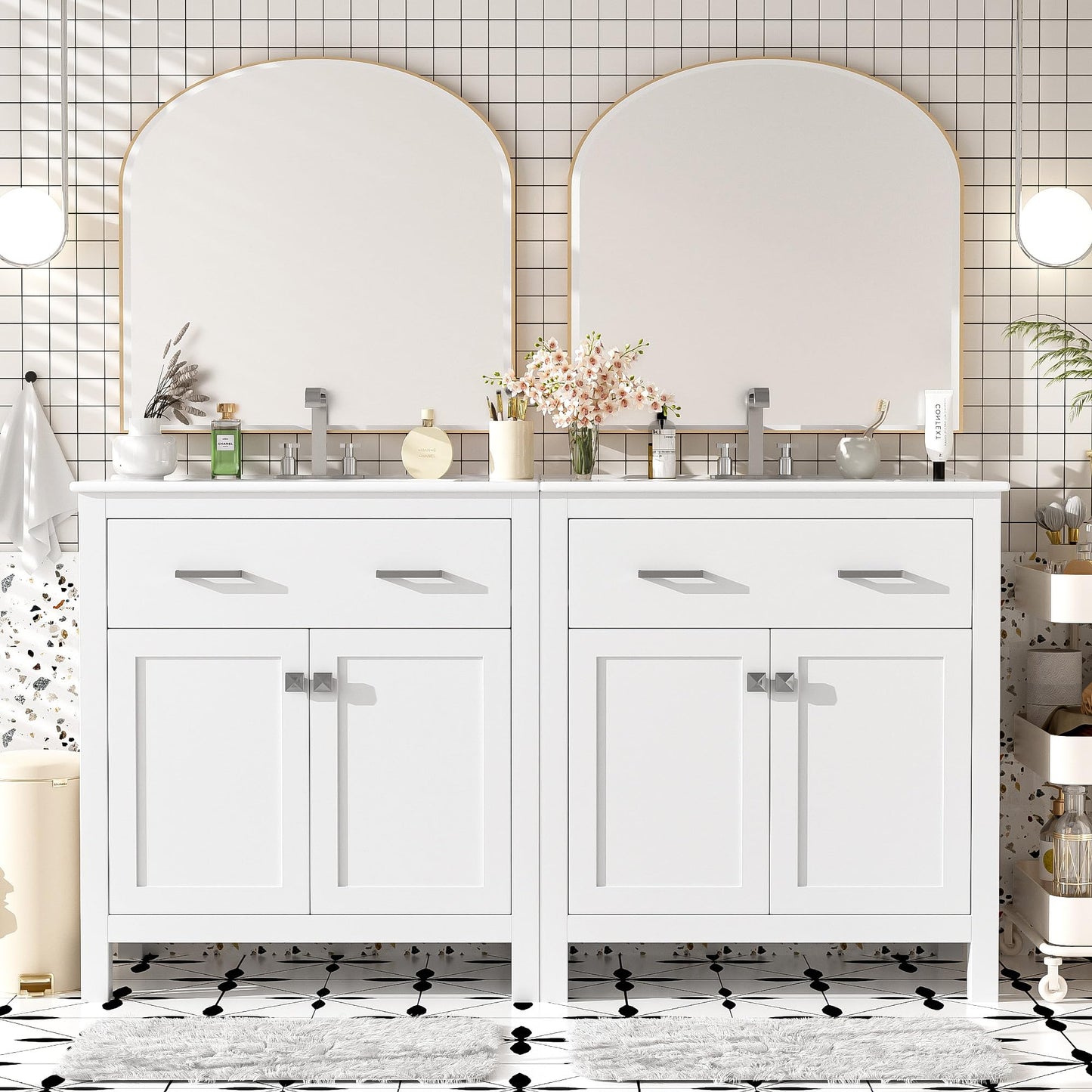 Favfurish 60" Double Bathroom Vanity,Free Standing Double Basin Vanity Set w/ 2 Ceramic Sinks,Adjustable Shelf & Soft Close Doors,Solid Wood Frame Storage Cabinet w/Flip Drawer,for Bathroom,White