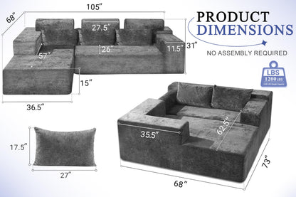 HABUTWAY 105" L-Shape Modular Sectional Sofa Couch for Living Room,No Assembly Required,Modular Comfy Sofa with Deep Seat for Living Room Bedroom,Luxury Distressed Velvet(Left,Grey)