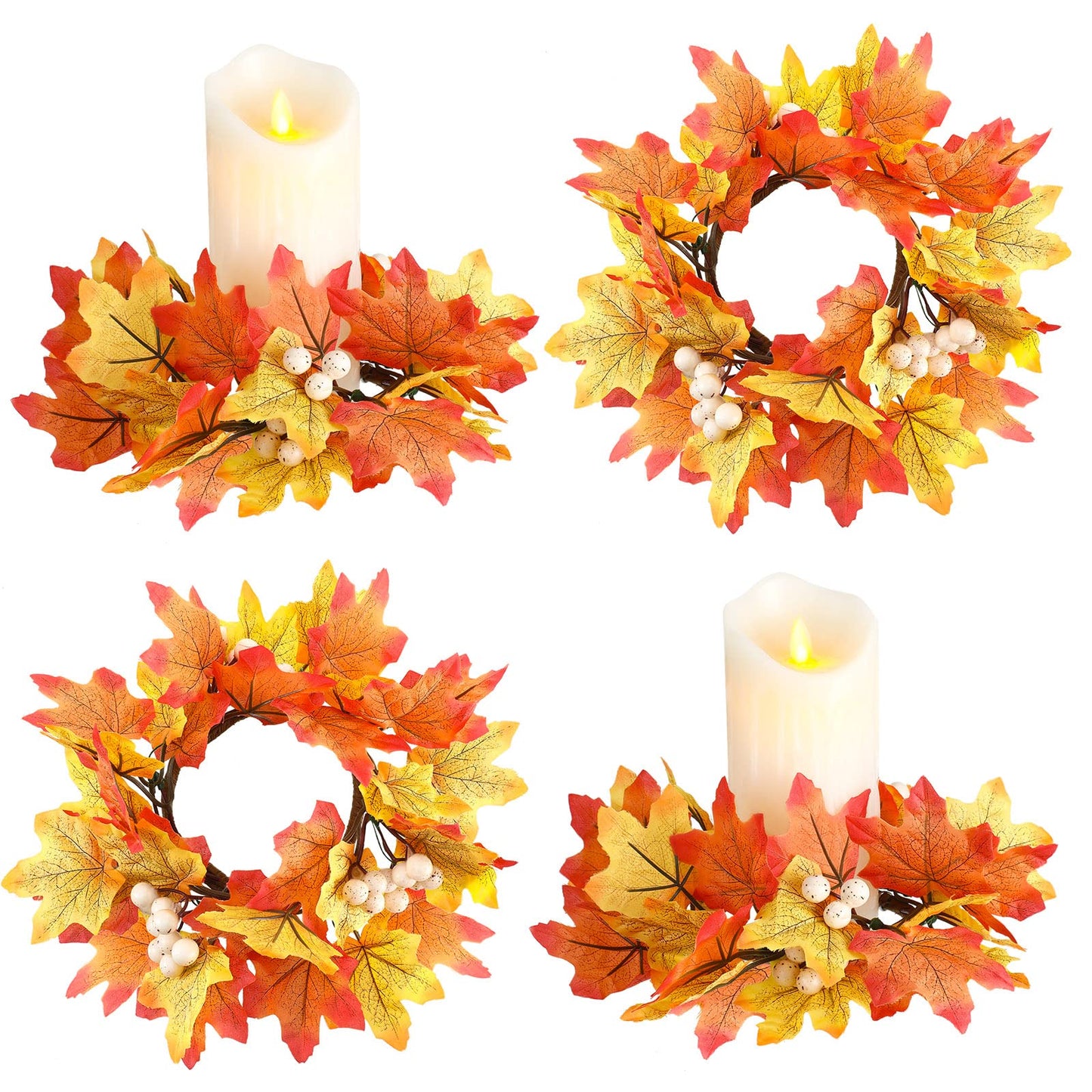 Hotop Fall Candle Rings Thanksgiving Day Ring Holder with Maple Leaves Wreath Mini Autumn Artificial for Home Table Decoration Centerpiece (4 Pieces), White
