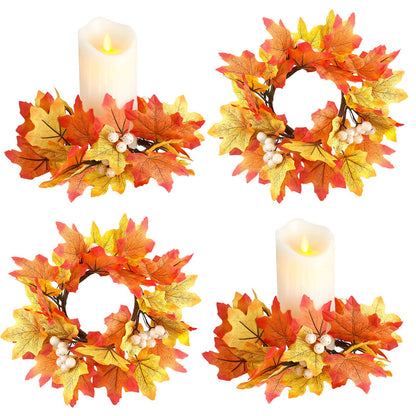 Hotop Fall Candle Rings Thanksgiving Day Ring Holder with Maple Leaves Wreath Mini Autumn Artificial for Home Table Decoration Centerpiece (4 Pieces), White