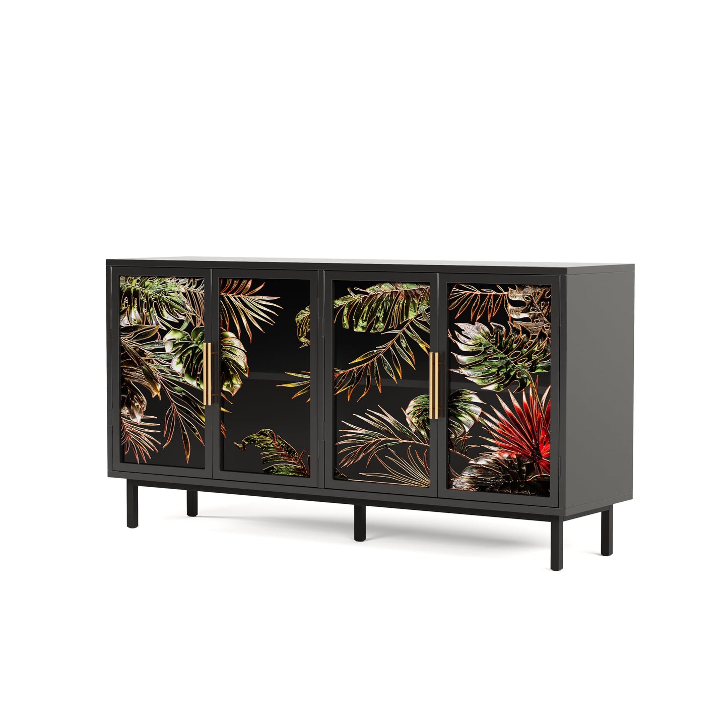 GDFStudio 60.3" Retro Buffet Sideboard Cabinet with 4 Glass Doors, Modern Glazed Painting Art Storage Cabinet Console Table, Artistic Tropical Glass Credenza Buffet for Living Room Dining Room, Black