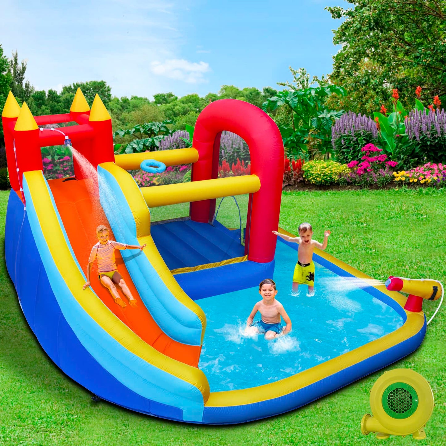 JOYLDIAS Inflatable Water Slide Bounce House,Slide Bouncer Castle Playhouse w/Splash Pool,Jump Area, Climbing Wall,Basketball Hoop,450W Air Blower for Kids Backyard Indoor Outdoor Use,Free Water Gun