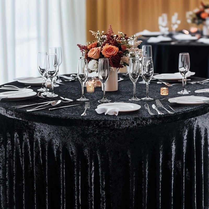 Outpain 4Pack 60 Inch Round Velvet Tablecloths - 120 Inch Stretch Spandex Table Cover with Floor-Length Skirt, Wrinkle-Free Luxury Elastic Table Cloths for Weddings,Banquets,Events (Black)