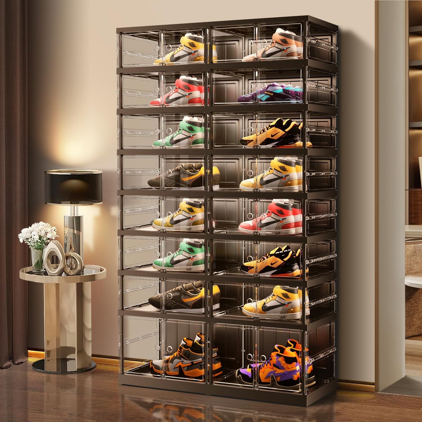 EHAMILY 8 Tiers 16-32 Pairs Foldable Shoe Boxes Large Plastic Shoe Storage Rack Collapsible Shoe Organizer for Closet Clear Stackable Shoes Shelf Storage Cabinet with Doors Quick Assembly Black