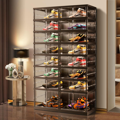 EHAMILY 8 Tiers 16-32 Pairs Foldable Shoe Boxes Large Plastic Shoe Storage Rack Collapsible Shoe Organizer for Closet Clear Stackable Shoes Shelf Storage Cabinet with Doors Quick Assembly Black