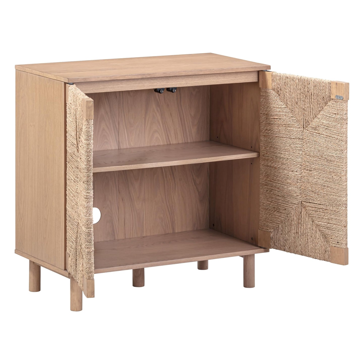 Nathan James Beacon Boho TV Stand, Free Standing Kitchen Cabinet Storage with Adjustable Interior Shelf and Seagrass Accent, Seagrass/Raw Oak, Set of 2