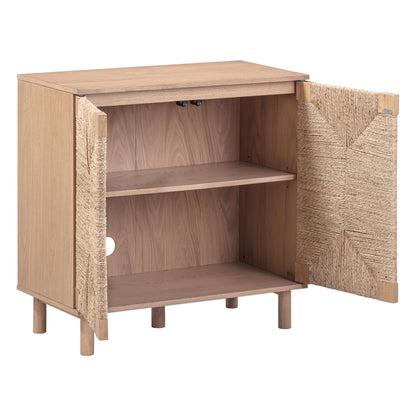 Nathan James Beacon Boho TV Stand, Free Standing Kitchen Cabinet Storage with Adjustable Interior Shelf and Seagrass Accent, Seagrass/Raw Oak, Set of 2