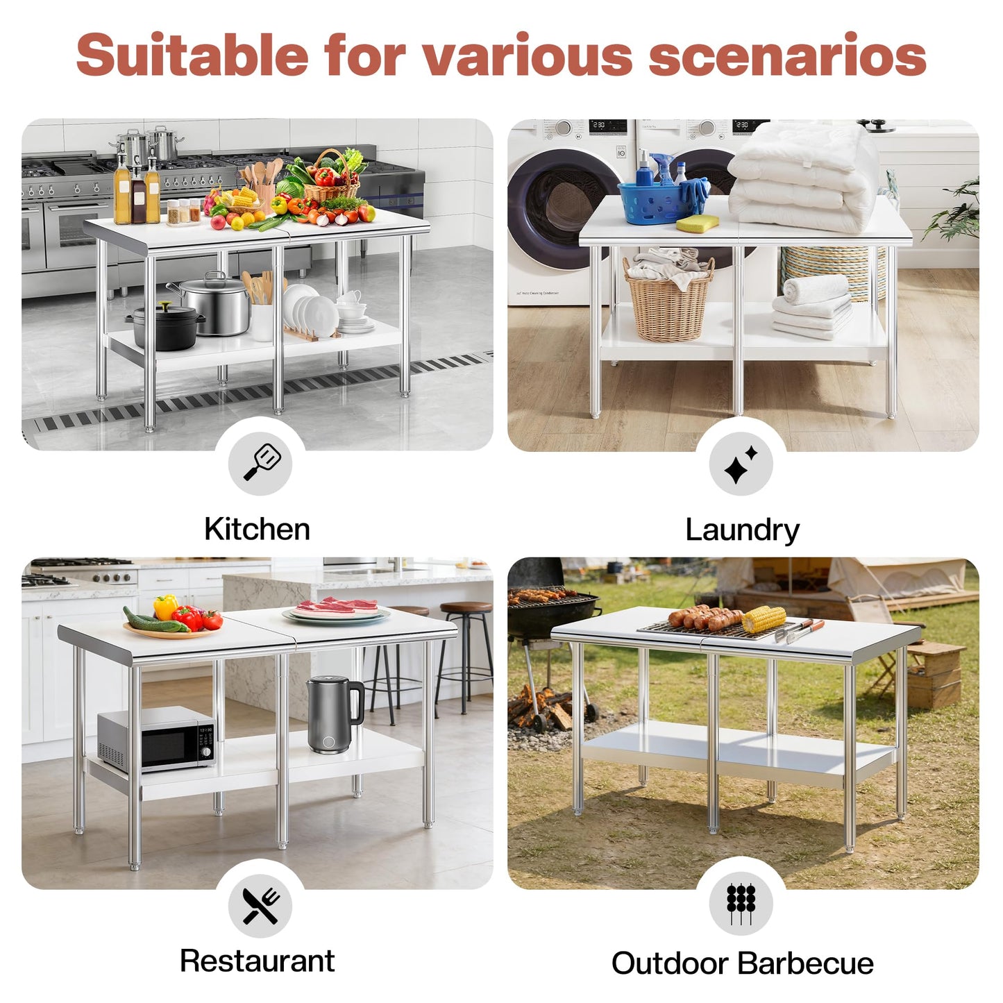 Jocisland 30" x 60" Stainless Steel Table for Prep & Work, Food-Grade Stainless Steel Adjustable Under Shelf and Feet, for Commercial Kitchen, Restaurant, Hotel, Garage