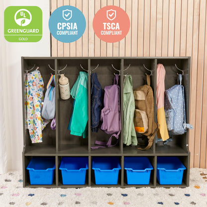 ECR4Kids Streamline 5-Section Coat Locker with Bench and Scoop Front Storage Bins, Toddler Size, Grey Wash, Classroom Furniture, Blue