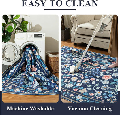 5x7 Blue,5'x7' YIHOUSE Blue Area Rug, Washable Bedroom Rug Floral Non Slip Soft, Colorful Flower Throw Carpet