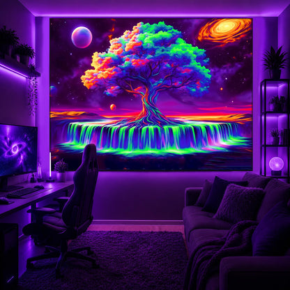 KKYEJLQYI Tree of Life Blacklight Tapestry 79"x 59" with Hanging Kit - Trippy UV Reactive Wall Hanging, Glow in the Dark Sacred Cosmic Nature Tapestry, Hippie Boho Witchy Decor for Bedroom Yoga Meditation