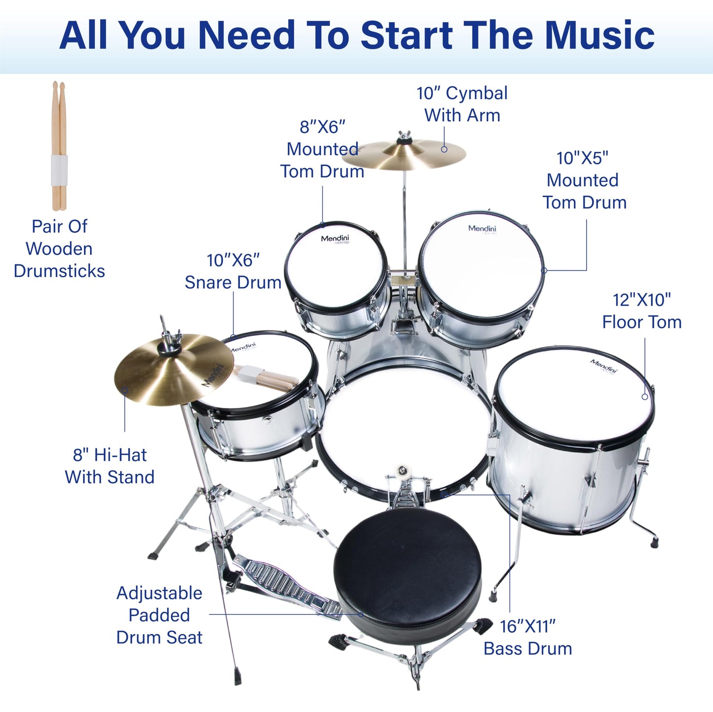 Mendini by Cecilio Drum Set, 5 Piece 16 Inch Junior Drums Kit with Bass, Toms, Snare Drum, Cymbal, Hi-Hat, Drumsticks & Seat for Beginner (Metallic Silver)