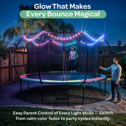 JoyBerri Trampoline Outdoor - Upsurge ASTM Certified Safe 8Ft 10Ft 12Ft 14Ft 15Ft 16Ft Recreational Trampoline for Kids and Adults. Anti-Rust Coating with Enclosure Net, Ladder, Sprinkler & LED Lights