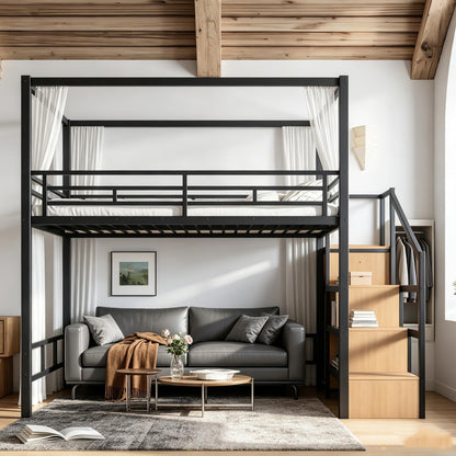 Bellemave Queen Size Loft Bed with Stairs and Wardrobe,Heavy Duty Metal Loft Bed Frame with Canopy for for Kids,Teens,Adults,Natural Wood