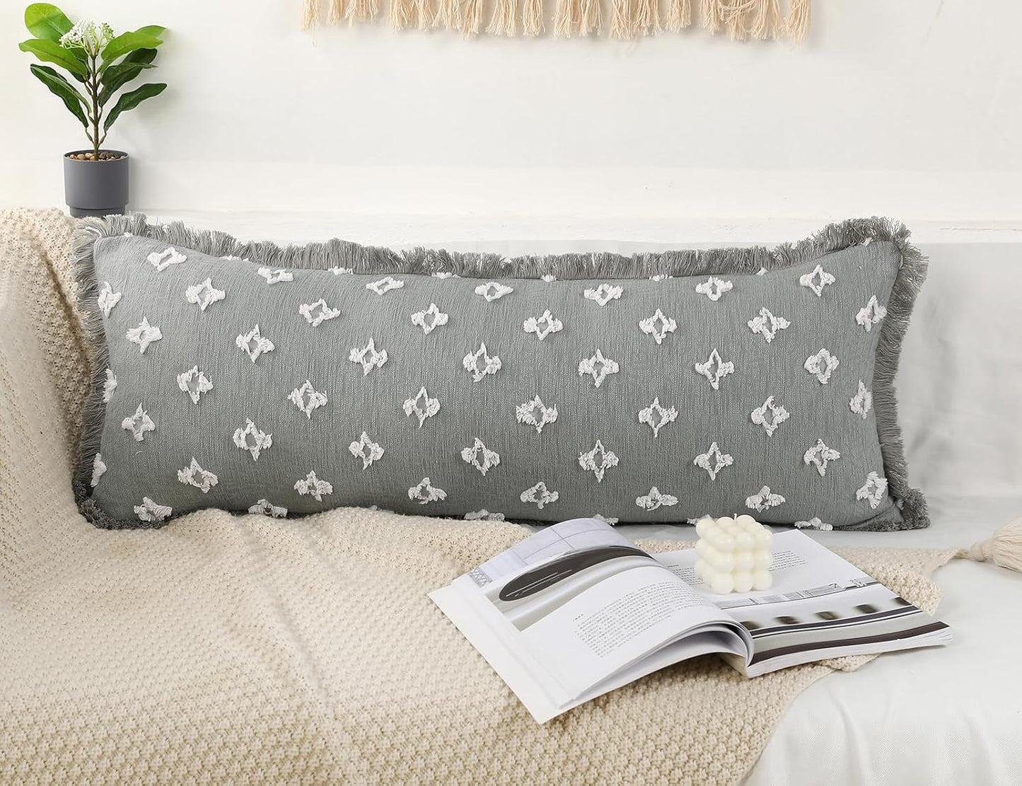 14x36 Fringe,3D Boho Long Lumbar Pillow Cover with Tassel Flower Patterned Extra Decorative Long Lumbar Pillow Cover