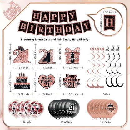 21st Birthday Decorations for Her,50Pcs PRE-STRUNG Rose Gold Black Party Set-21 Years Old Crown and Sash,Banner,Hanging Swirl,Backdrop Decor,CakeTopper,Age Candle, Balloons,Paper Fans,PRE-ASSEMBLED