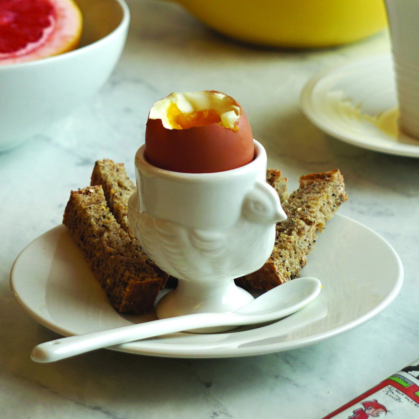 RSVP International Kitchen Accessories Collection Soft Boiled Egg, White Porcelain, Cup & Spoon Set, 8 Piece