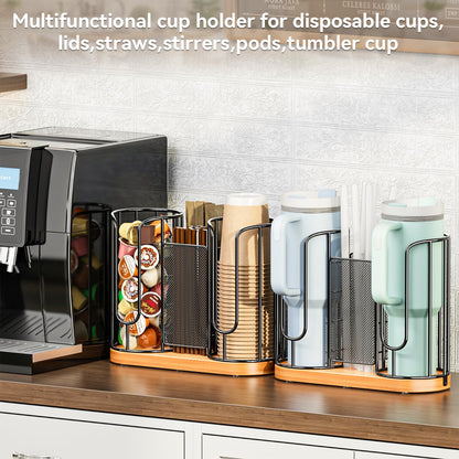 Coffee Cup and Lids Holder - Disposable Cups Straws Organizer with Wooden Base - Paper Plastic Cup Holder Dispenser Storage for Countertop Coffee Station Bar Restaurant Office Breakroom Shop Kitchen