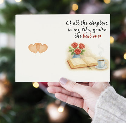 Anniversary Card – Romantic Greeting Card with Roses, Book & Coffee Design – 5x7 Inch Folded Card with Envelope & Sticker – Love Card for Husband, Wife, or Couple – Valentines Day or Wedding Anniversary