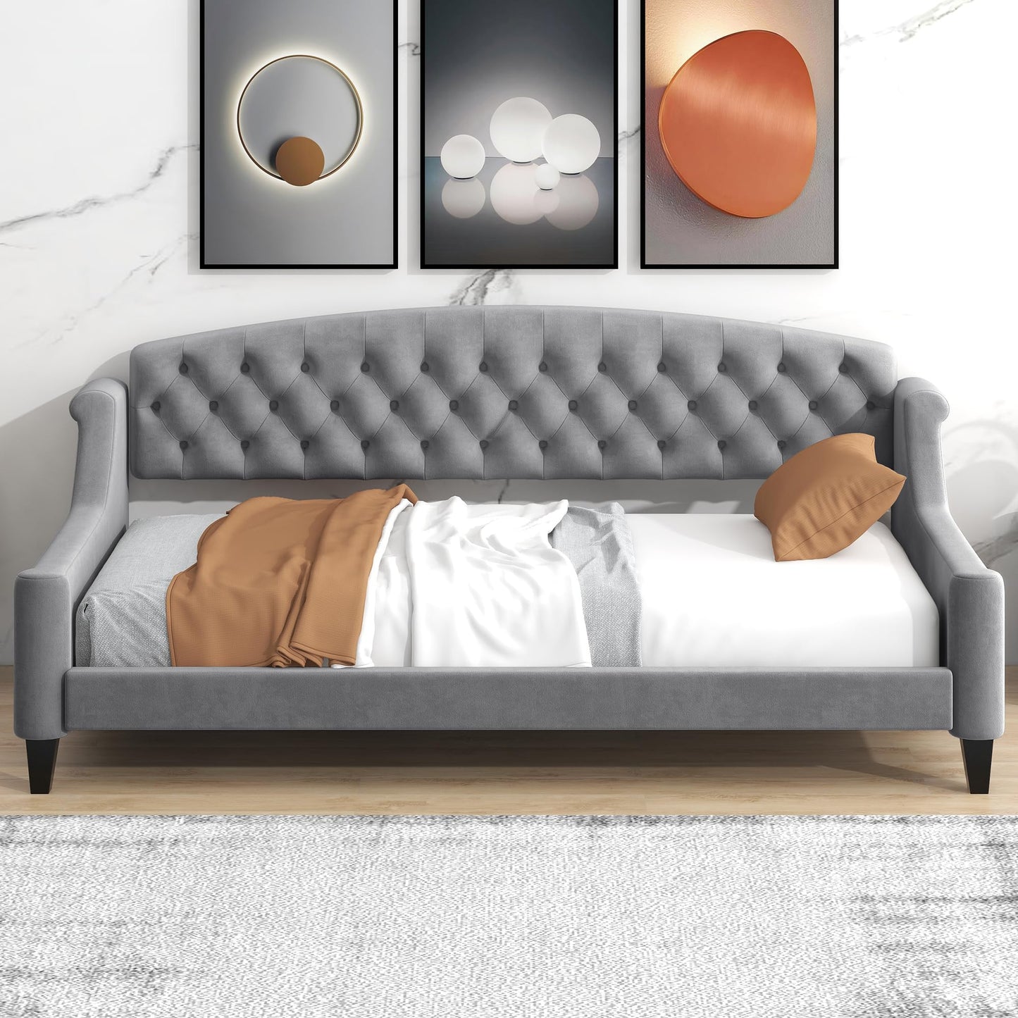 Ball & Cast Twin Size Daybed,Velvet Upholstered Day Bed Frame with Button Tufted Backrest,Modern Sofa Bed for Living Room, Bedroom,Guest Room,No Box Spring Needed,Gray