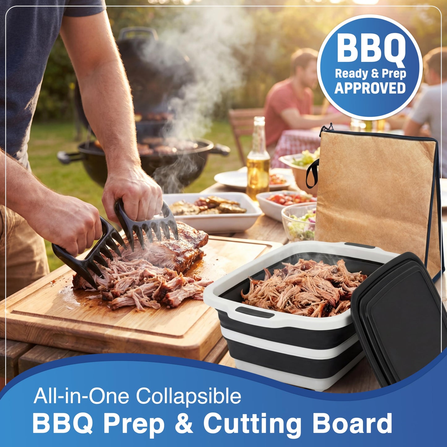 3pcs BBQ Prep Tub, BBQ Blanket, Meat Shredder Claws | Collapsible 3 in 1 Cutting Board with Colander & Dish Basin, Insulated 21" Meat Resting Bag, Barbecue Grilling Accessories with Tub