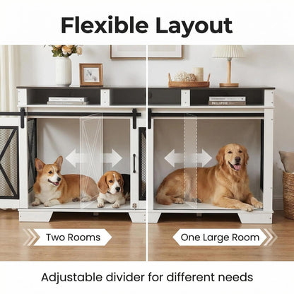 Garvee 71" Double Dog Crate Furniture with Divider, Heavy Duty Wood & Metal Dog Cage for Large Dogs, Dual Compartment Dog Kennel with Double Doors, Indoor Dog Crate TV Stand