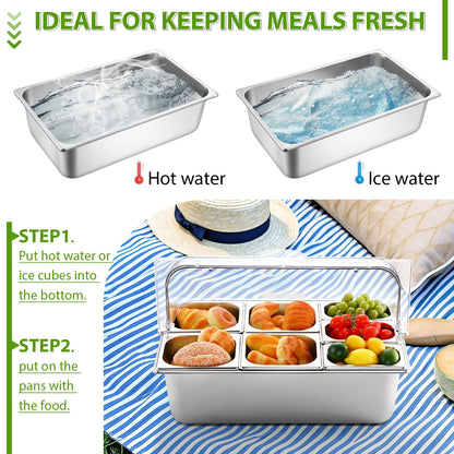 Ziliny Countertop Food Serving Display Container and Clear Roll Top Cover Stainless Steel Food Serving Tray Buffet Condiment Dispenser Display Rack for Restaurant Hotel Kitchen Party (7 Pan)