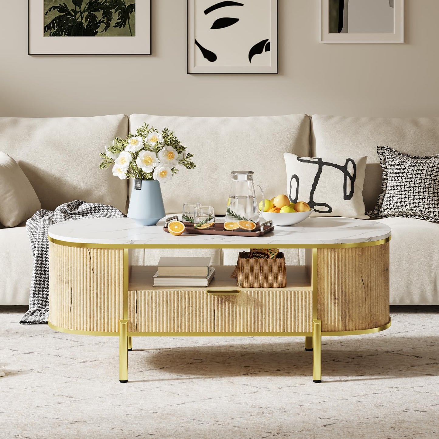 Modern Luxury Oval Coffee Table with Drawer, 48" Fluted Coffee Table with Faux Marble Top, Curved Profile Design, Gold Metal Decor, Center Table for Living Room- Natural Oak