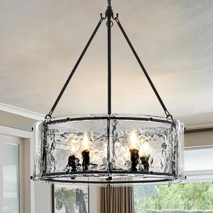 Enjoy the lights 5-Light Dining Room Light Fixture, Black Modern Drum Chandelier with Textured Glass Shade, Adjustable Farmhouse Chandelier for Foyer, Entryway, Kitchen Island, Living Room