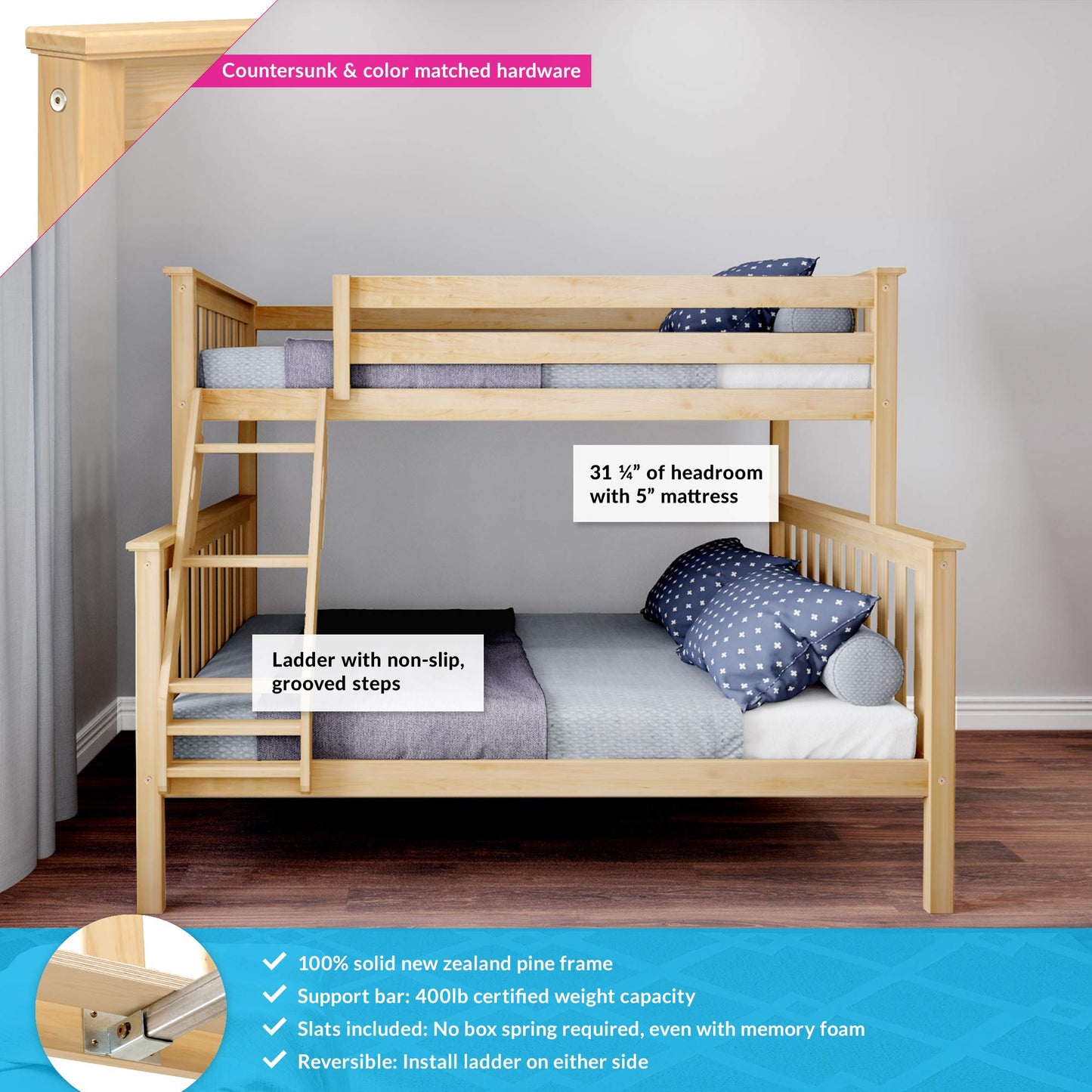 Max & Lily Bunk Bed Twin Over Full Size with Ladder, Solid Wood Platform Bed Frame with Ladder for Kids, 14" Safety Guardrails, Easy Assembly, No Box Spring Needed, Natural