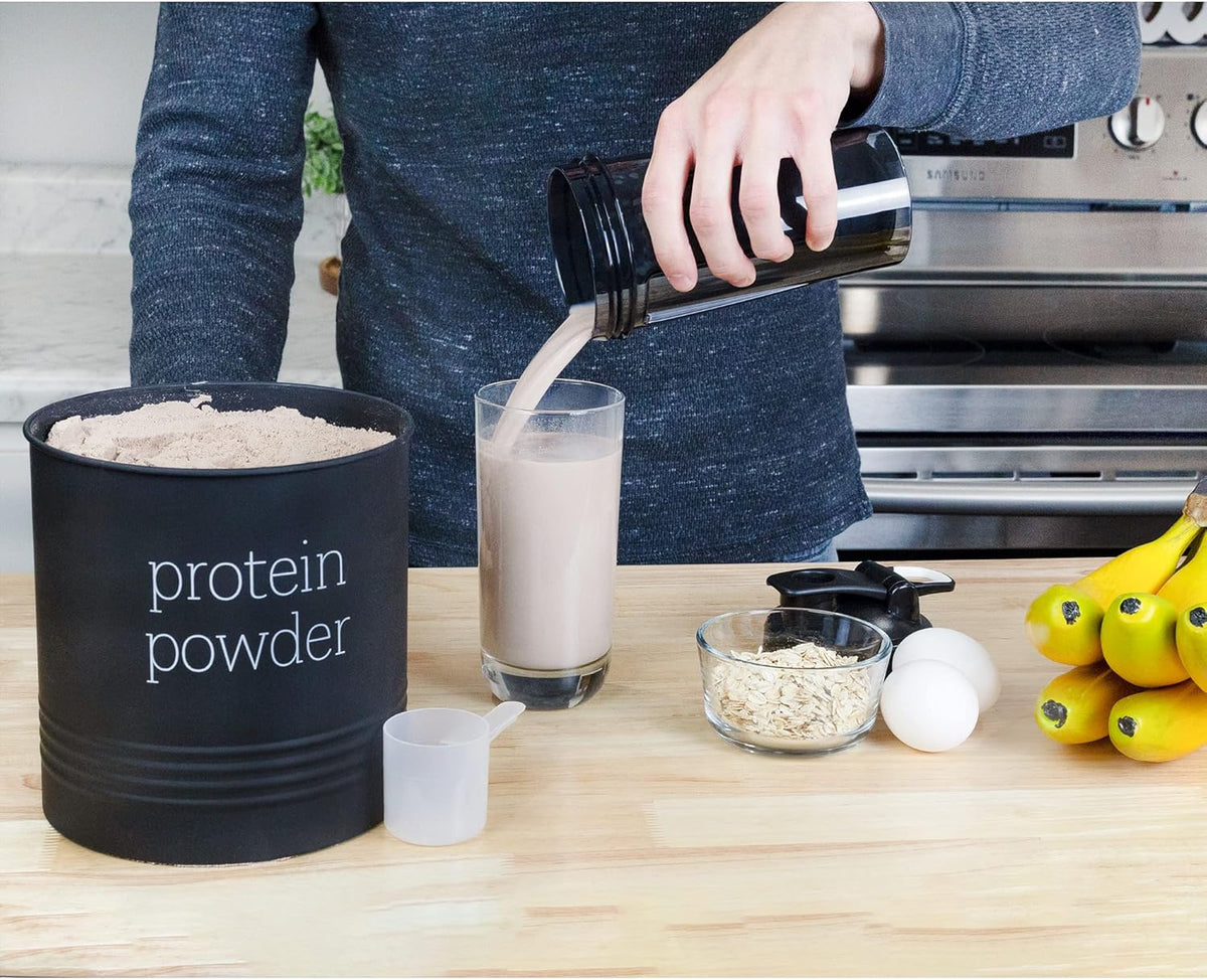 AuldHome Enamelware Protein Powder Canister (Black), Modern Farmhouse Style Storage for Kitchen