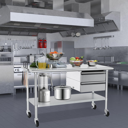 HARDURA Stainless Steel Table with 2 Drawers & Casters, Metel Prep Table with Hook, Tissue Holder and Undershelf 24x60 Inches for Commercial Kitchen Prep