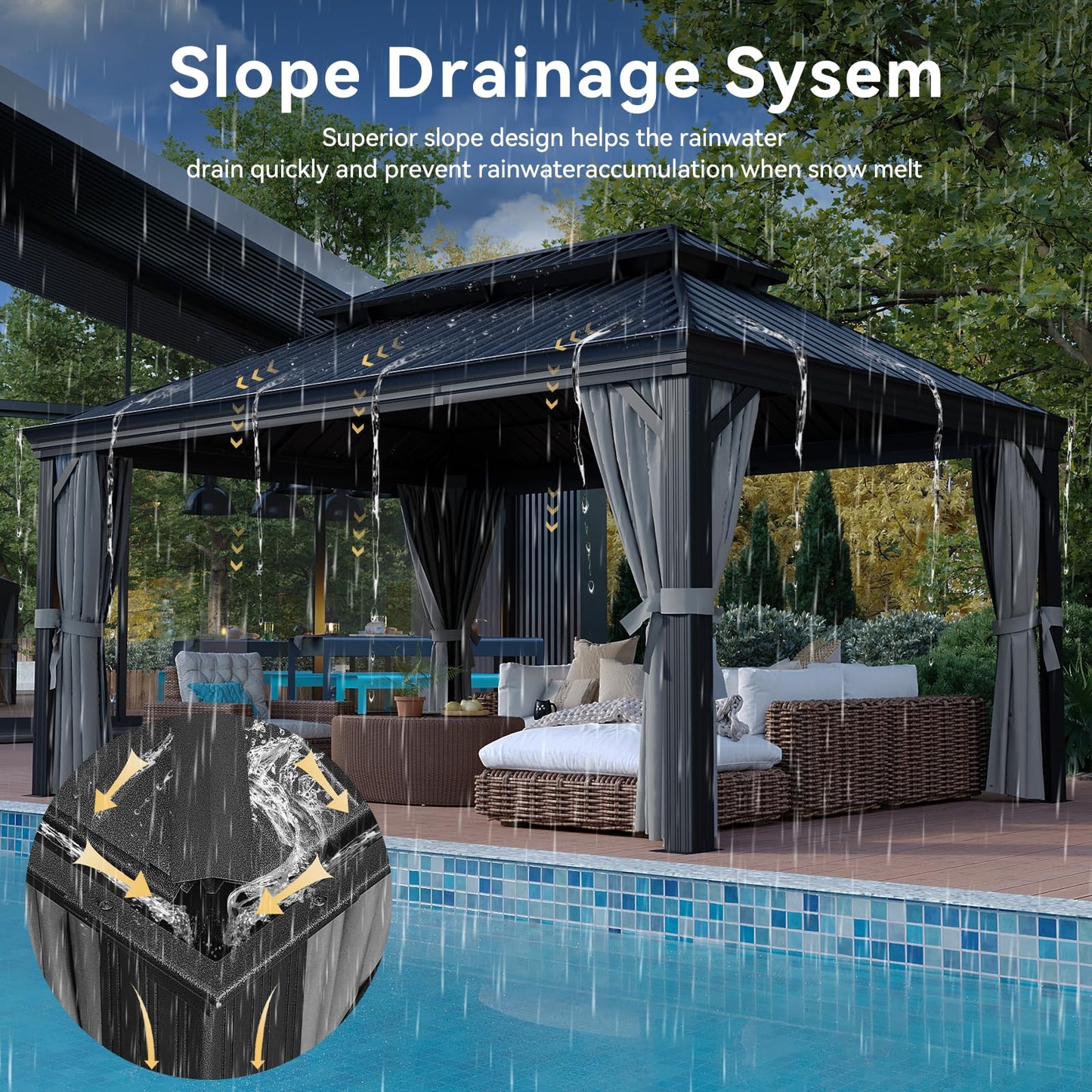 Aoxun 12' X 16' Hardtop Gazebo with Drainage System, Aluminum Outdoor Gazebo with Galvanized Steel Double Roof, Patio Permanent Metal Pavilion with Netting, for Garden, Deckyard, Grey