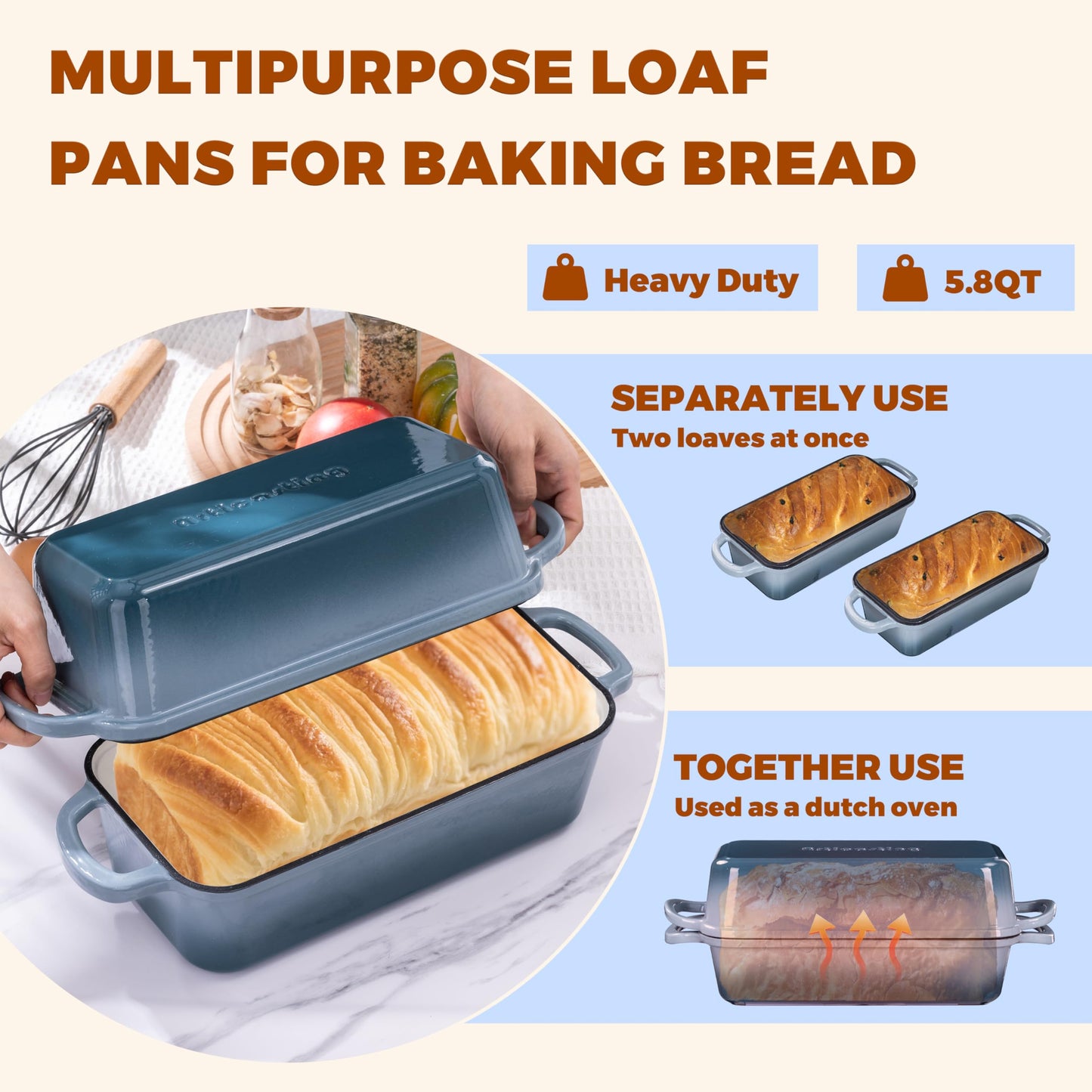 Articasting 11x5 Inch Cast Iron Loaf Pan With Lid, 5.8 Qt Large Loaf Pans for Sourdough Bread Baking, Heavy Duty Dutch Oven Bread Pan For a Crispy Crust, Seasalt