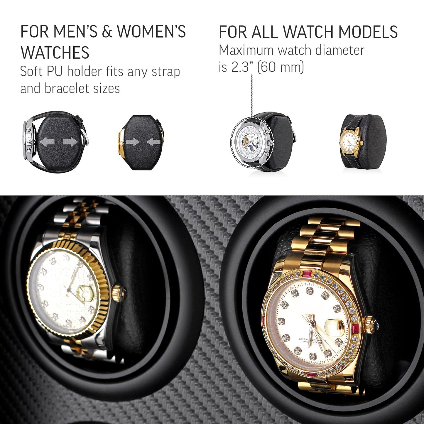 Automatic Watch Winder for 4 Watches with LED Light, LCD Display, Remote Control and Storage Drawer (Black)