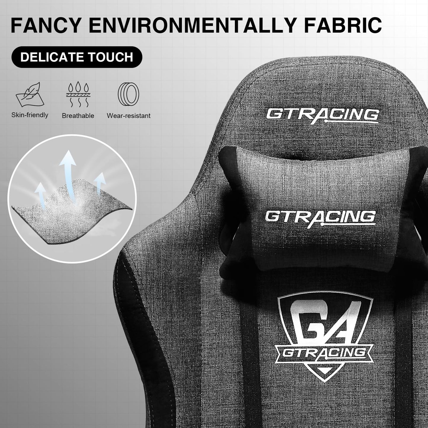 GTRACING Gaming Chair with Footrest, Fabric Breathable Big and Tall Ergonomic Computer Chair 350 lbs with Adjustable Lumbar Support and Recliner, High Back Game Chair for Office Gaming, Darkgray