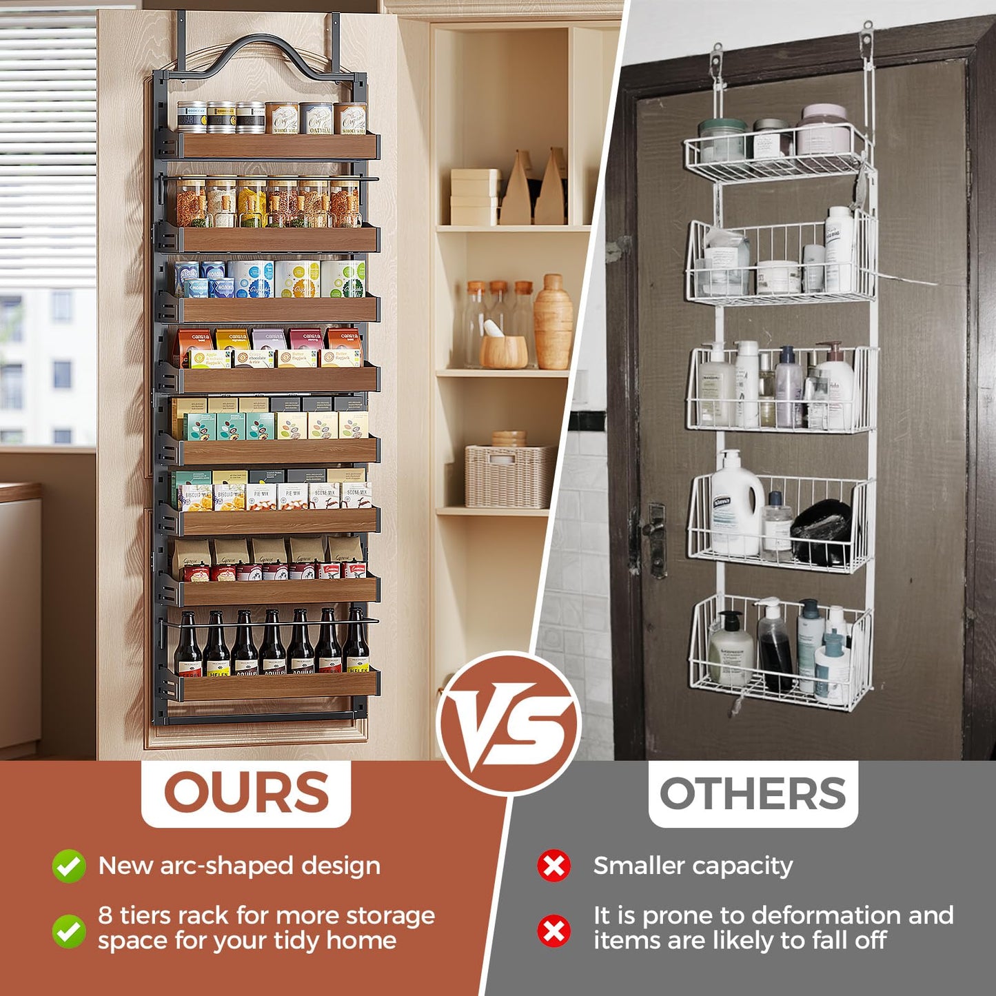 Freexployer 8-Tier Spice Rack Wall Mount, Heavy-Duty Over the Door Pantry Organizer with Wooden Adjustable Basket, 2 IN 1 Wall Mount or Hanging Pantry Door Organizer,Door Spice Rack for Pantry, Black