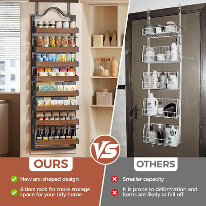Freexployer 8-Tier Spice Rack Wall Mount, Heavy-Duty Over the Door Pantry Organizer with Wooden Adjustable Basket, 2 IN 1 Wall Mount or Hanging Pantry Door Organizer,Door Spice Rack for Pantry, Black
