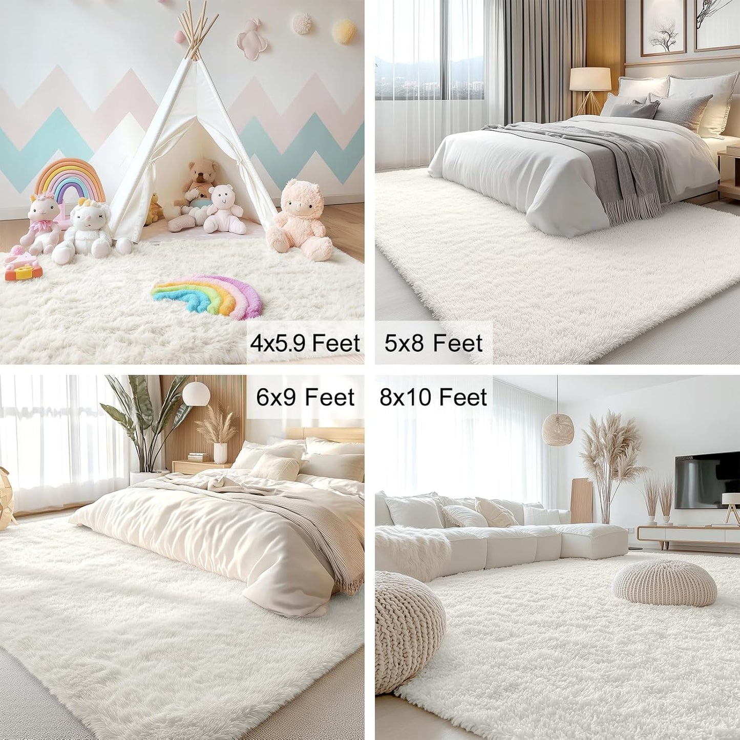 OLANLY Large Area Rug - Soft Fluffy Shaggy Carpet for Living Room & Bedroom | 9x9 ft, Ivory