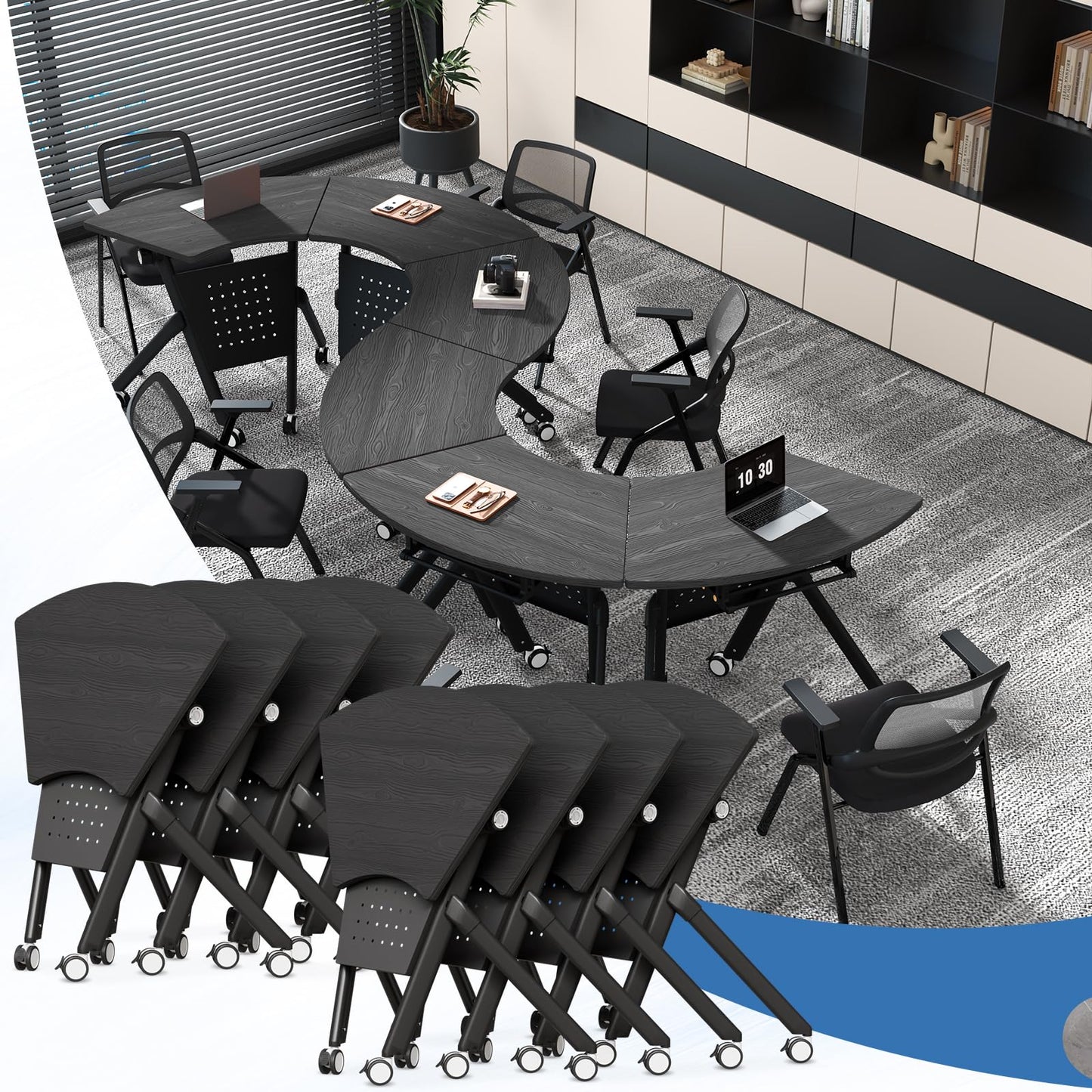 JFazzruit Folding Conference Table,Fan-Shaped Conference Room Tables with Wheels, Mobile Modular Seminar Meeting Desk for Classrooms,Office & Seminar (4, Fan-Black)