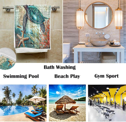 Pfrewn Sea Turtle Starfish Retro Map Hand Towels, 16x30 in Fish Scale Thin Bathroom Towel, Ultra Soft