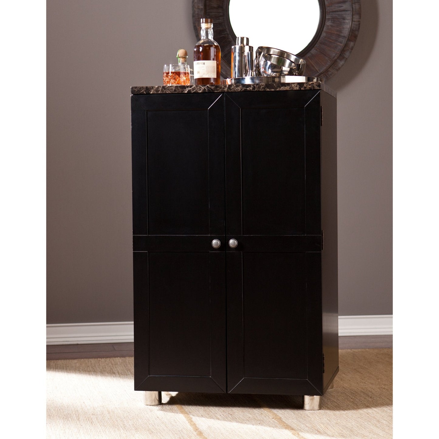 SEI Furniture Cape Town Bar Cabinet w/Wine Storage, Faux Marble Countertop with Black Finish