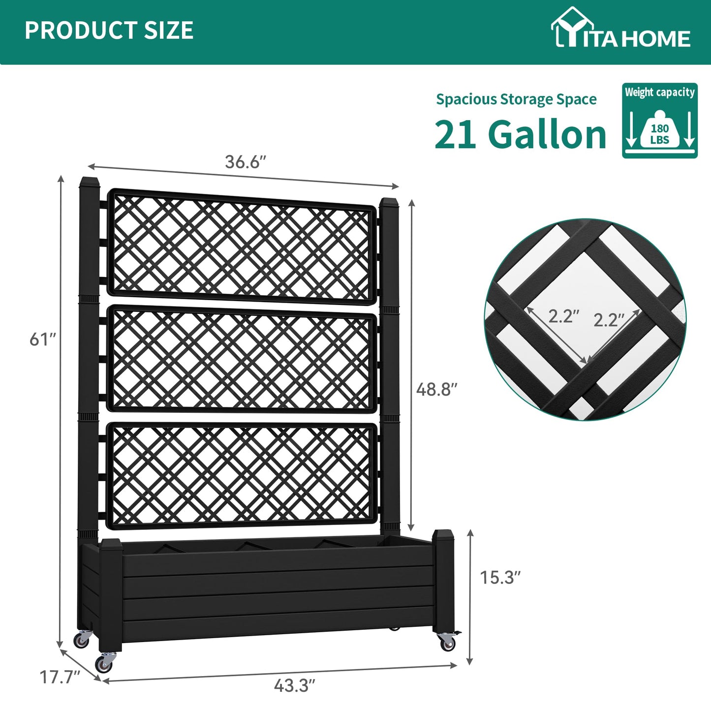 YITAHOME 43.3x17.7x61 in Planter Box with Trellis 2pcs Outdoor Resin Raised Garden Bed with Wheels & Drain Plug for Climbing Plants, Weather-Resistant Outdoor Privacy Screen, Black