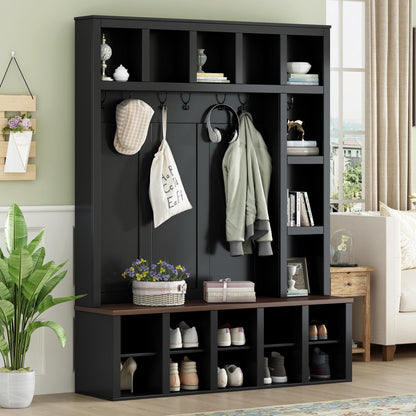 Merax Hall Tree with Bench and Shoe Storage, Farmhouse Wooden Coat Rack with 6 Hooks, Built-in 18 Open Compartments, for Entryway, Living Room, Black