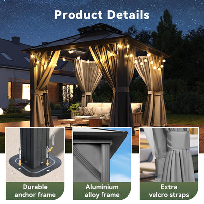 Breezestival 10’x10’ Hardtop Gazebo with Double Polycarbonate Roof Outdoor Metal Gazebo Sturdy Aluminum Frame & Removable Curtains, Netting Permanent Pavilion Pergola for Garden,Patio,Lawn (Gray)
