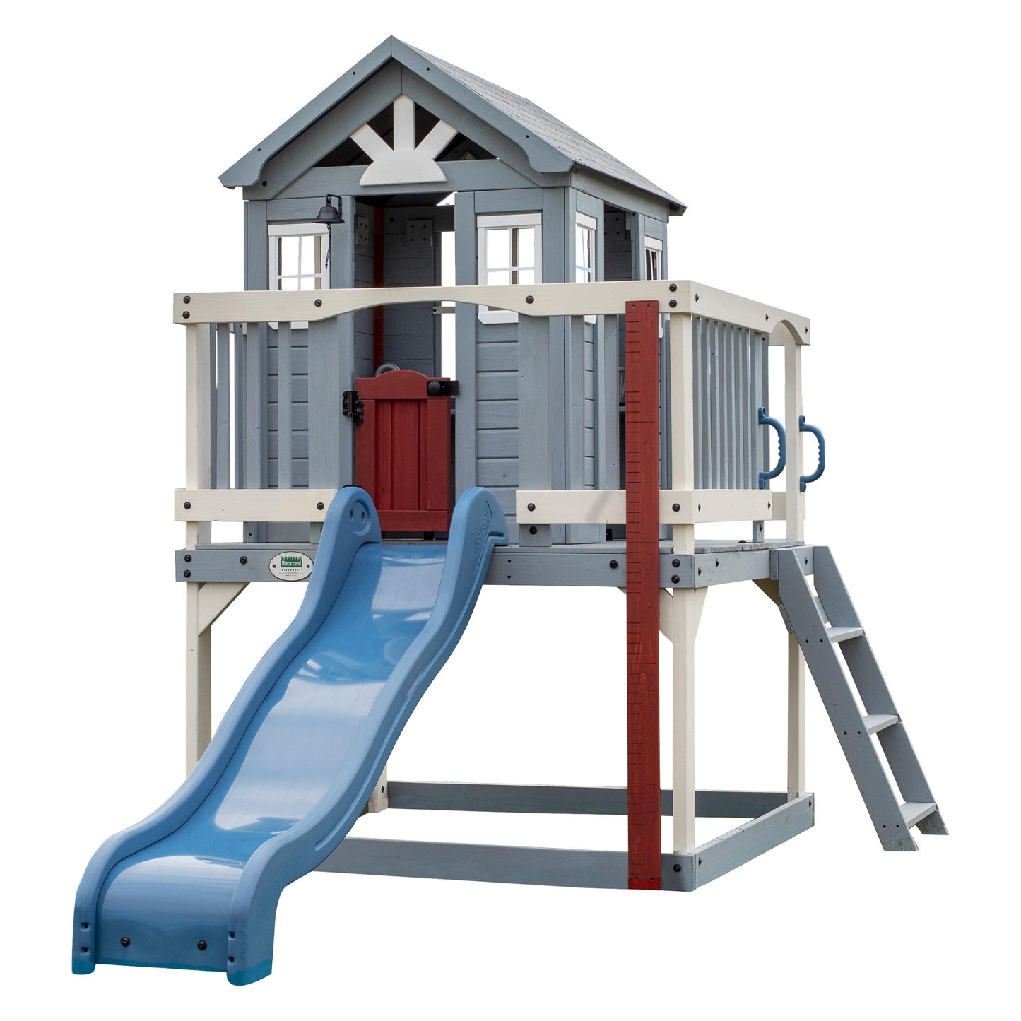 Backyard Discovery Beacon Heights Elevated Cedar Wooden Kids Playhouse with Wave Slide, Play Kitchen, Wrap-Around Deck, Flat-Step Ladder, Half Door, Windows, Bell, and Growth Chart for Outdoor Play