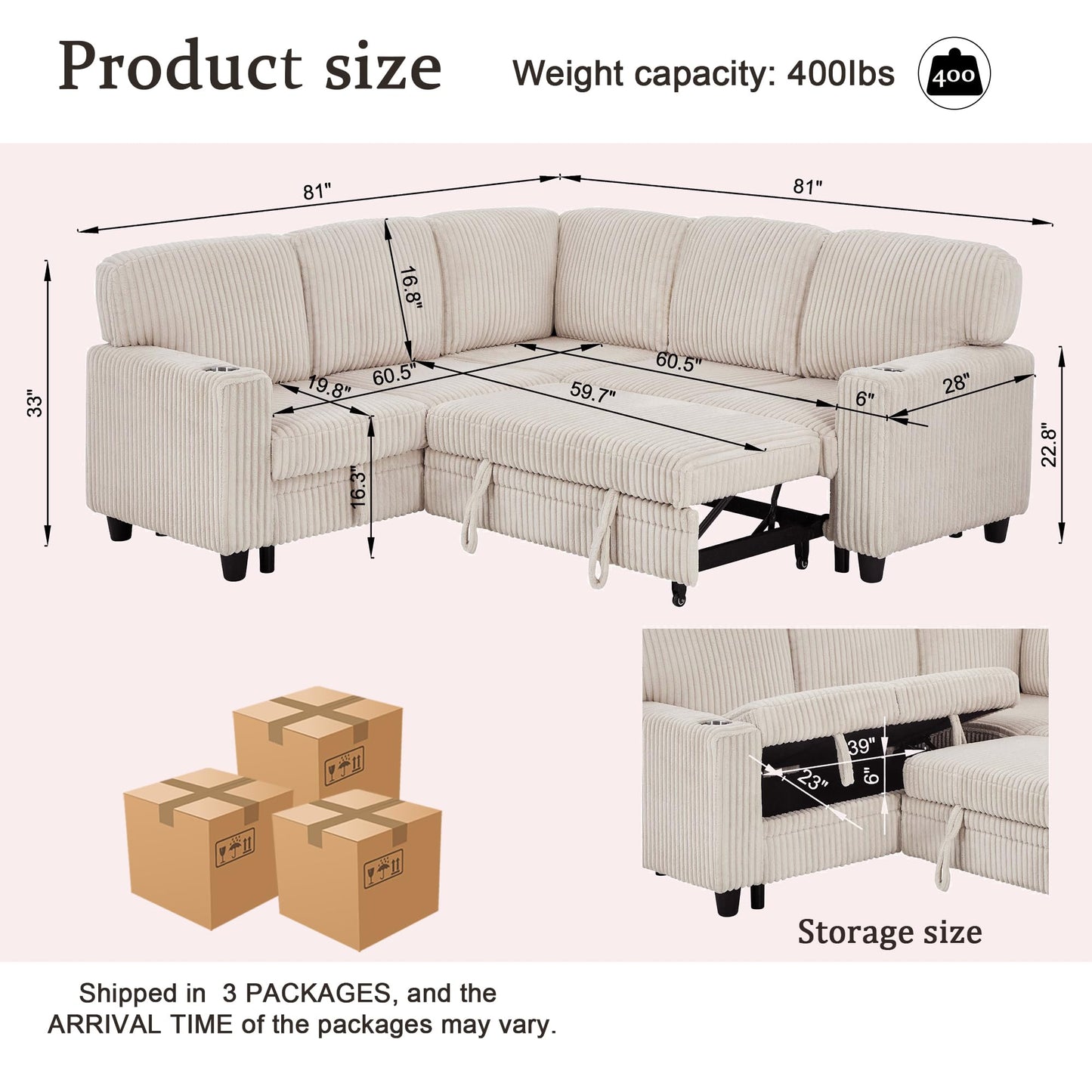 ERYE L-Shaped Symmetrical Sleeper Sectional Sofa W/Pull Out Sleeper Couch Bed and Storage Seat for Living Room, Corduroy Tufted Corner Convertible Sofa Bed with USB-C Ports