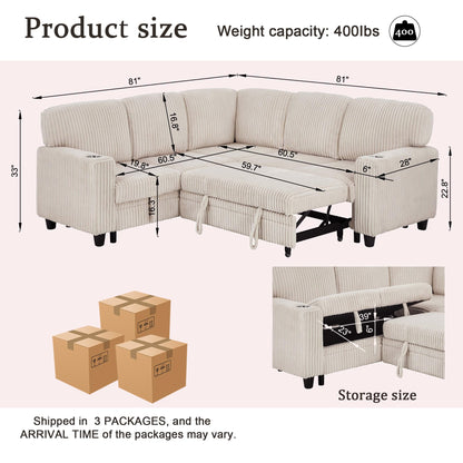 ERYE L-Shaped Symmetrical Sleeper Sectional Sofa W/Pull Out Sleeper Couch Bed and Storage Seat for Living Room, Corduroy Tufted Corner Convertible Sofa Bed with USB-C Ports